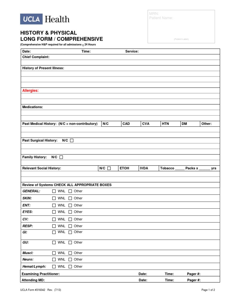 History and Physical PDF Allergy Health Care