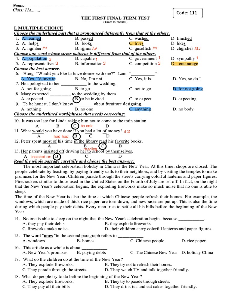 The First Final Term Test I. Multiple Choice: Code: 111 | PDF ...
