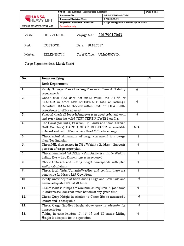 Pre-Loading and Discharging Checklist | PDF | Crane (Machine ...