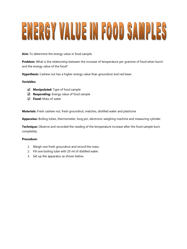 Energy Value in Food Sample PDF Temperature Celsius