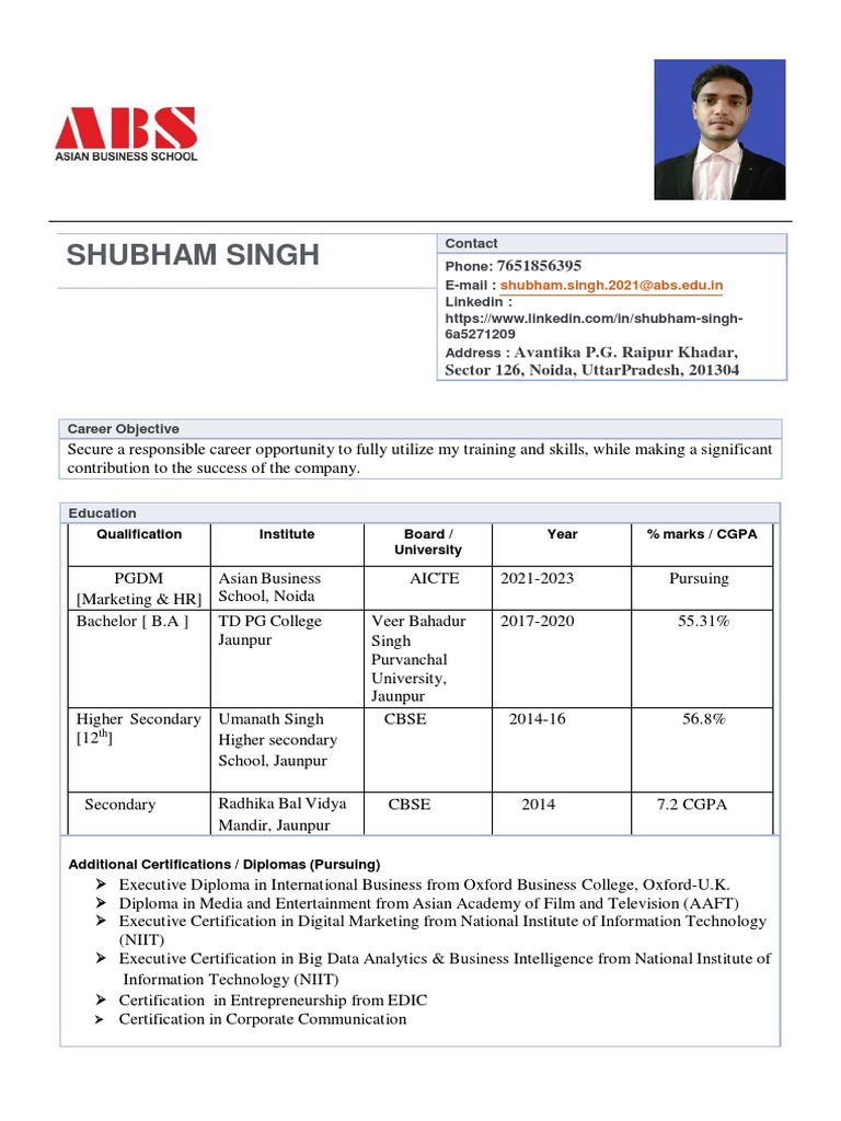 Shubham Singh: Contact Phone: E-Mail: Linkedin: 6a5271209 Address | PDF ...