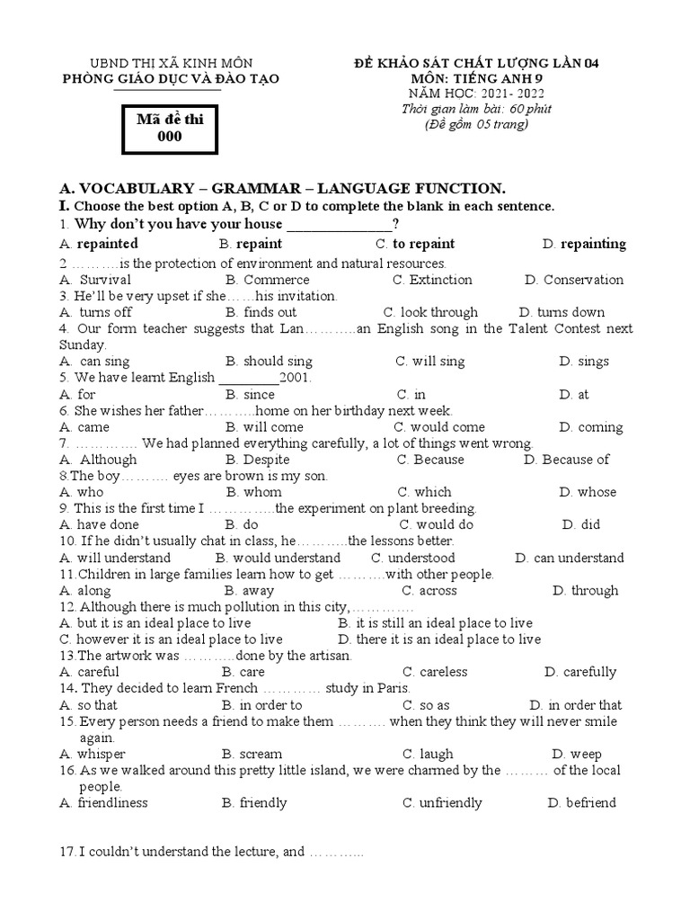 Mã đề thi 000 Why don't you have your house
