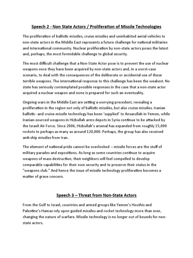 Speech 2 Non State Actors | PDF | Nuclear Proliferation | Missile