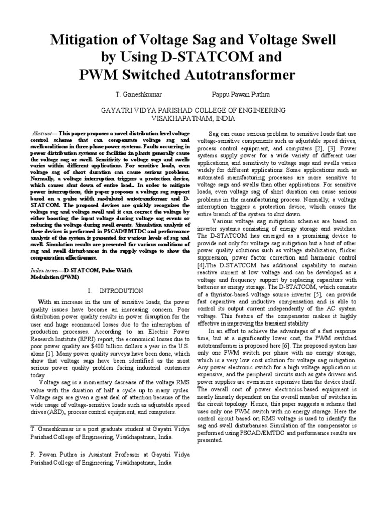 Mitigation of Voltage Sag and Voltage Swell by Using D-Statcom and PWM ...