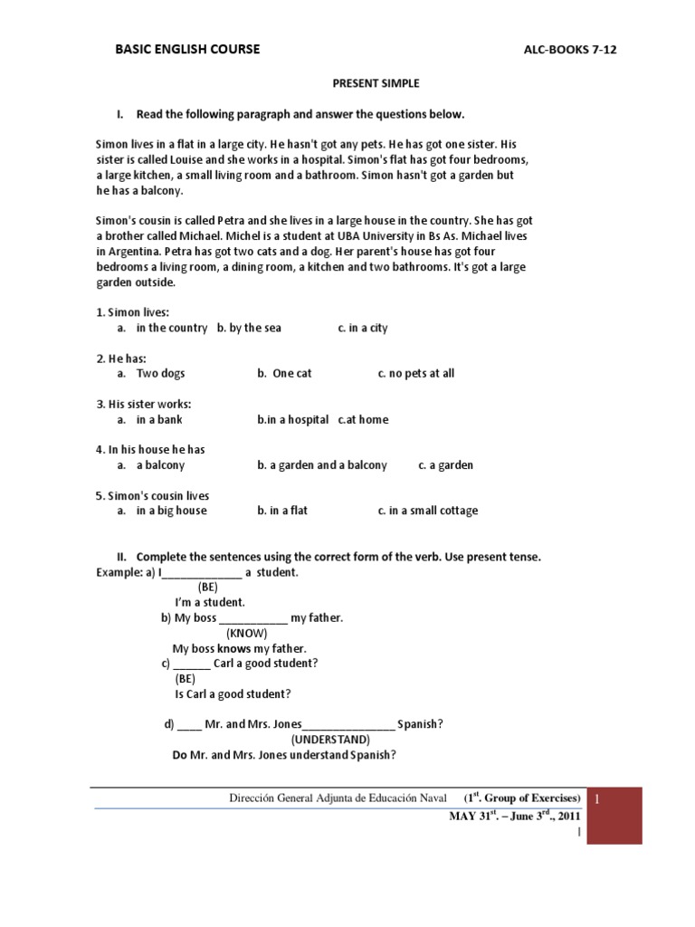 Basic English Course: Present Simple I. Read The Following Paragraph ...