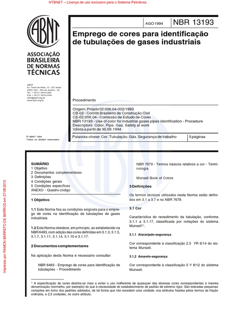 ABNT 13193-Emprego de Cores Para Identificação de Tubulações de Gases ...