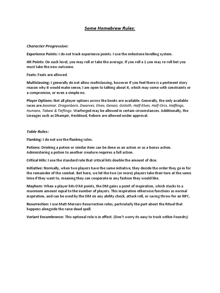 Some Homebrew Rules | PDF