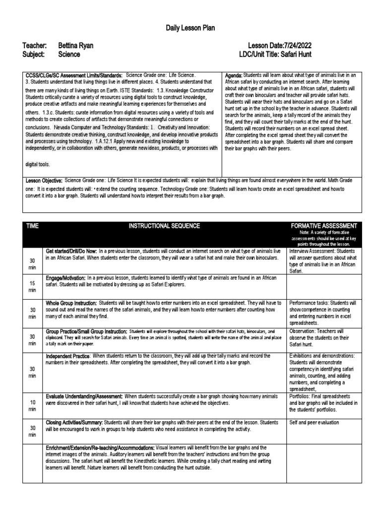 Grade 1 Safari Hunt Lesson Plan | PDF | Learning | Science