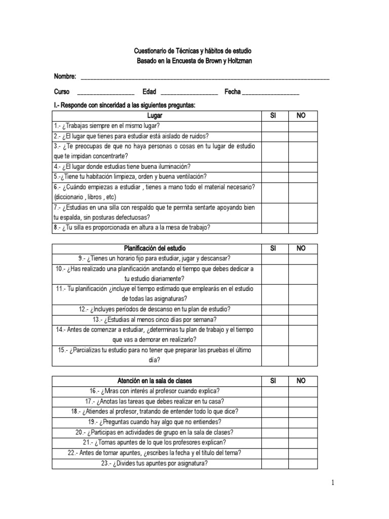 Cuestionario sobre Hábitos de Estudio | PDF | Crecimiento personal y ...