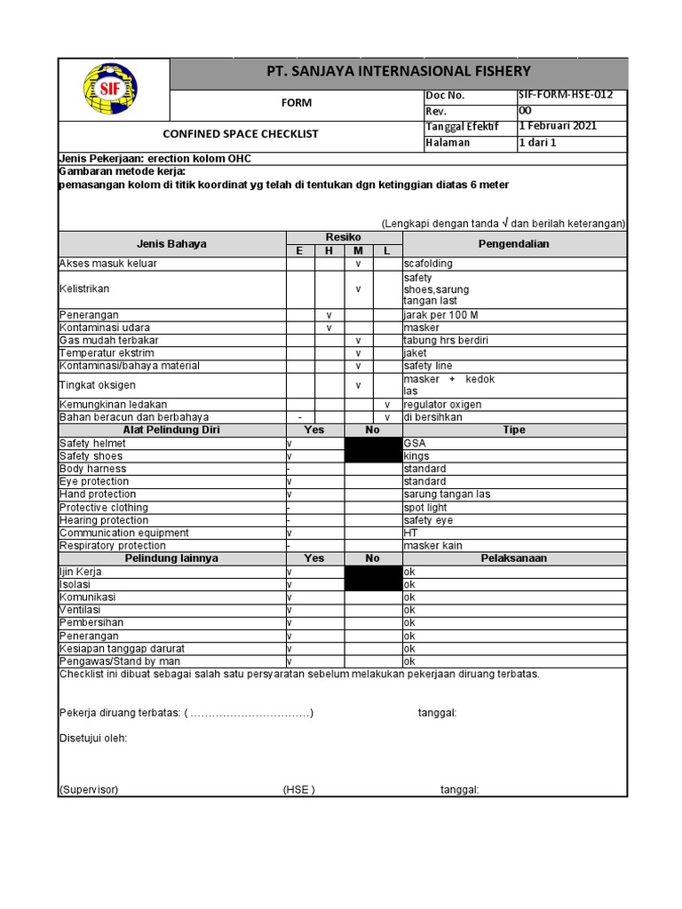 CONFINED SPACE SAFETY CHECKLIST FOR ERECTING OHC COLUMNS | PDF