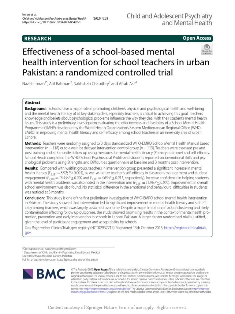Effectiveness of A School-Based Mental Health Inte | PDF | Teachers ...