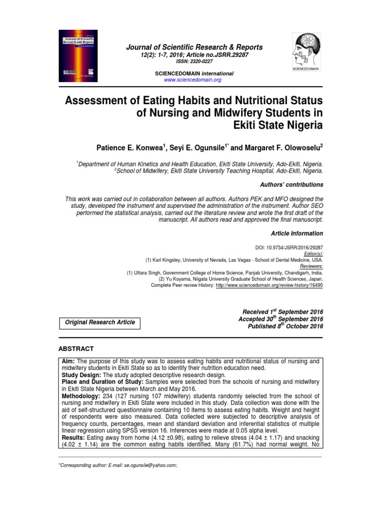 Assessment of Eating Habits and Nutritional Status of Nursing and ...