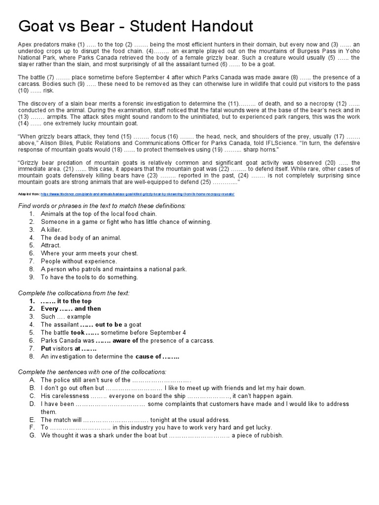 Goat Vs Bear Student Handout Find Words or Phrases in The Text To