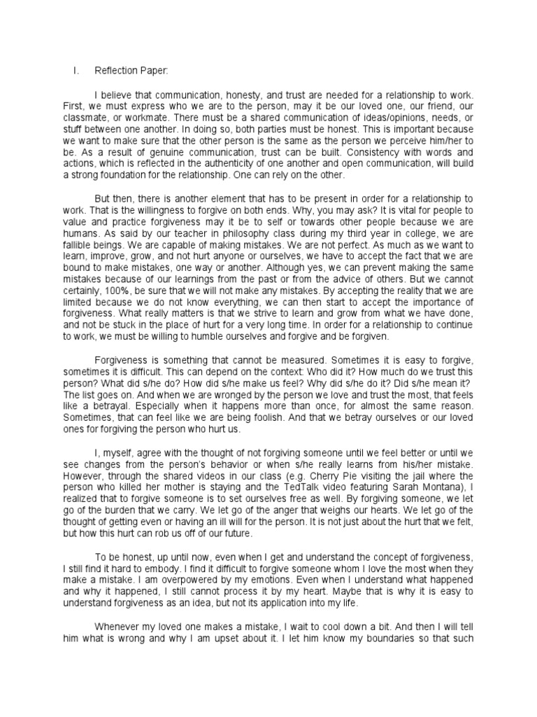 Reflection Paper 103 | PDF | Forgiveness | Psychological Concepts