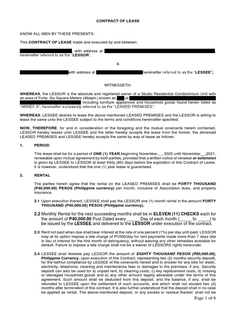 Luigi Reyes - Writing Sample (CONTRACT of LEASE) | PDF | Lease ...