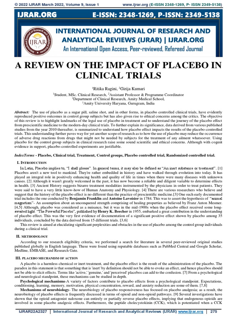 The use of placebos in controlled trials of surgical interventions: a brief  history - KA Wartolowska, DJ Beard, AJ Carr, 2018