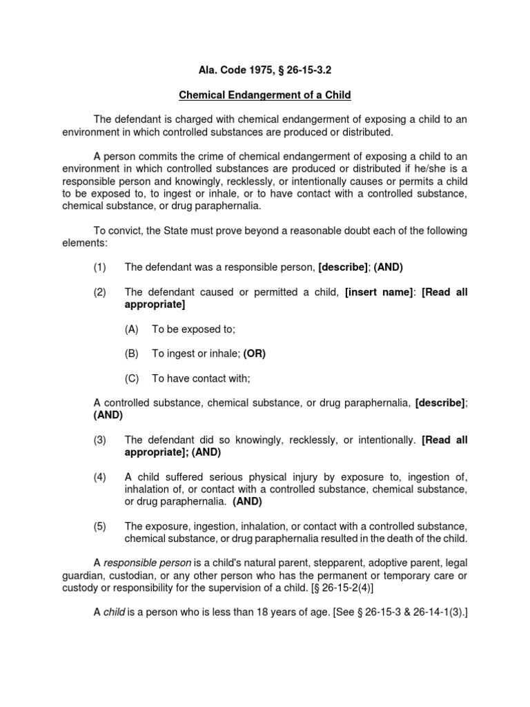 Chemical Endangerment of a Child Elements, Defenses, and Definitions