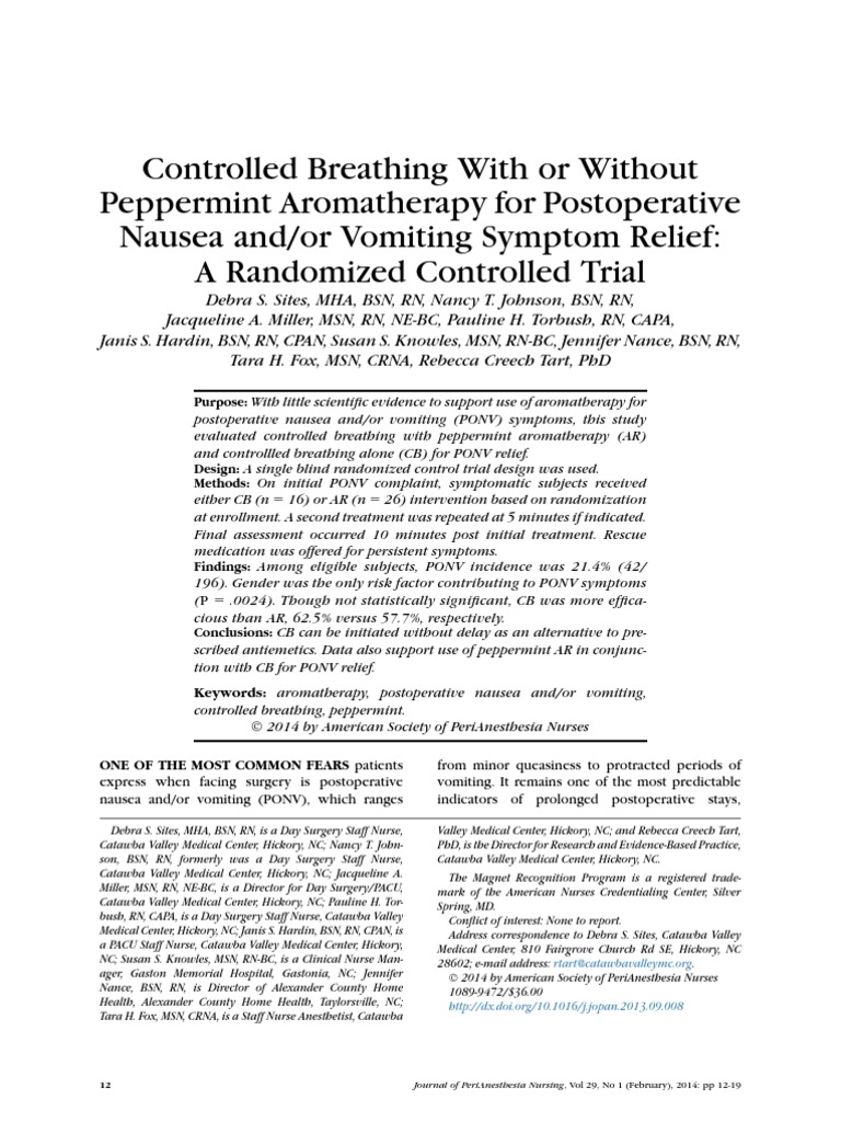 Controlled Breathing With or Without Peppermint Aromatherapy For Postoperative Nausea And/or