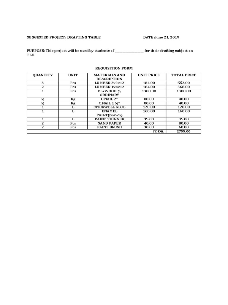 Requisition Form Quantity Unit Materials and Description Unit Price ...