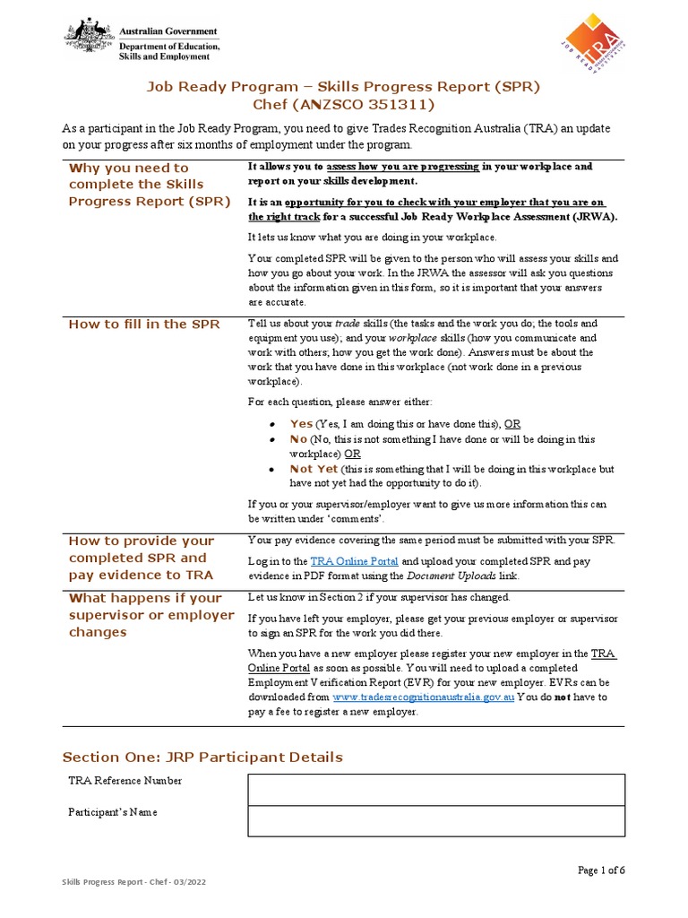 Job Ready Program Skills Progress Report (SPR) Chef (ANZSCO 351311) PDF Foods Chef