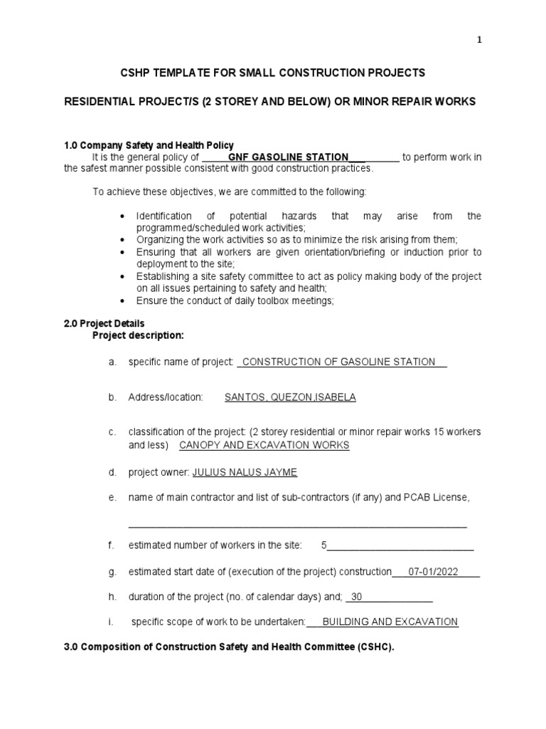 CSHP Template for Small Projects | PDF | Personal Protective Equipment ...