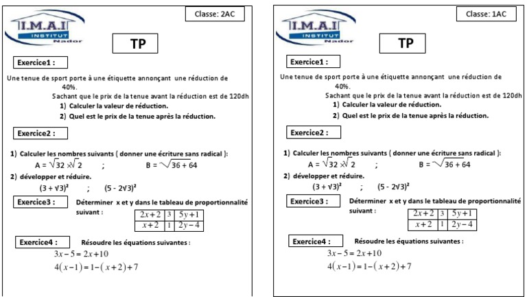 Exercices de Mathématiques 2AC Semestre 1 | PDF