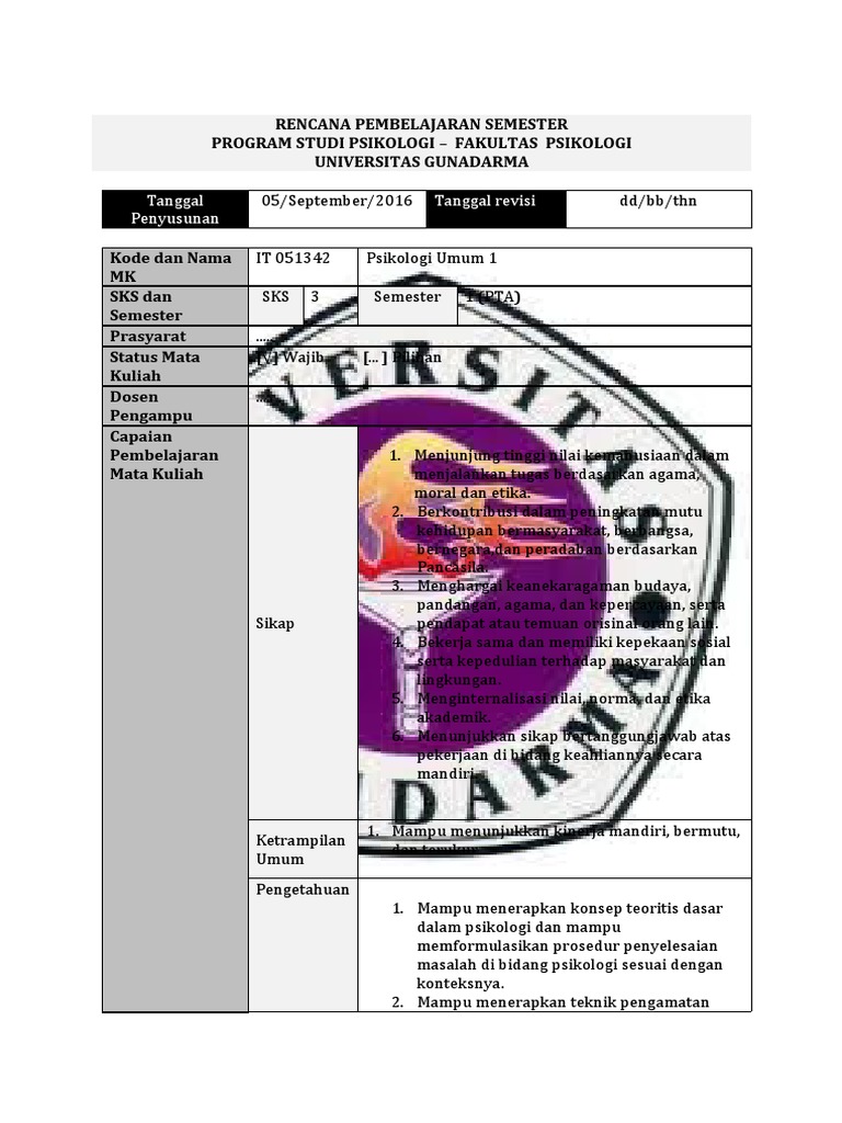 RPS Psikologi Umum 1 | PDF | Karier & Perkembangan | Pengembangan Diri