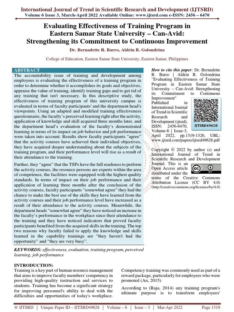 Evaluating Effectiveness of Training Program in Eastern Samar State ...