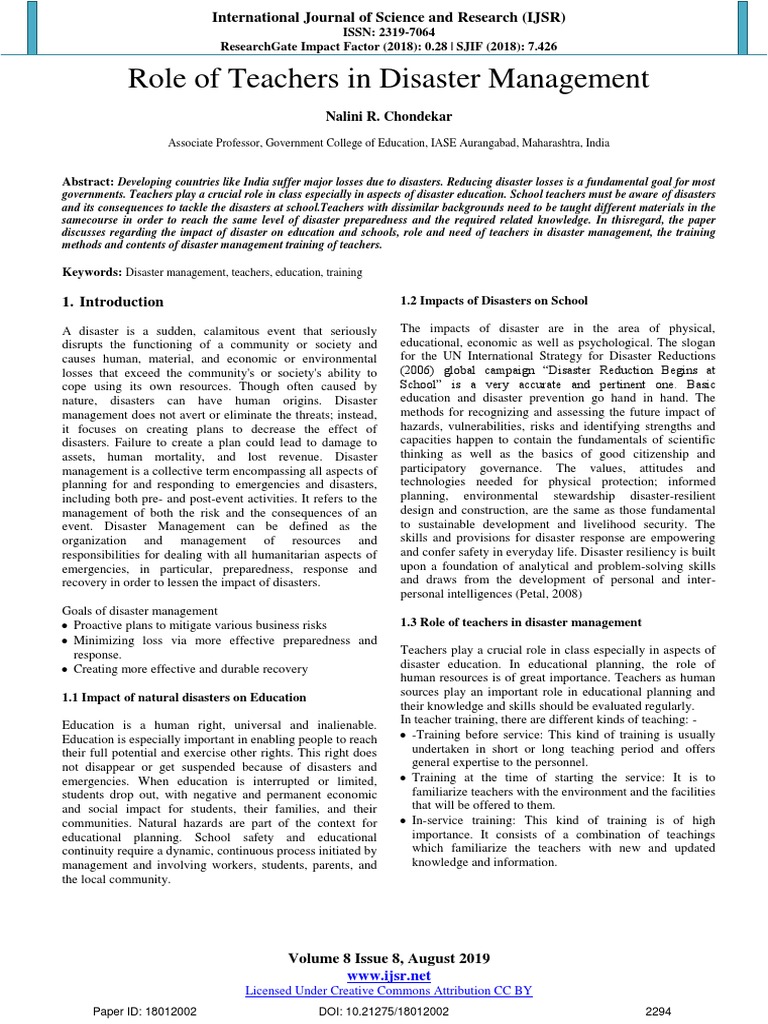 Teachers' Role in Disaster Management | PDF | Teachers | Emergency ...