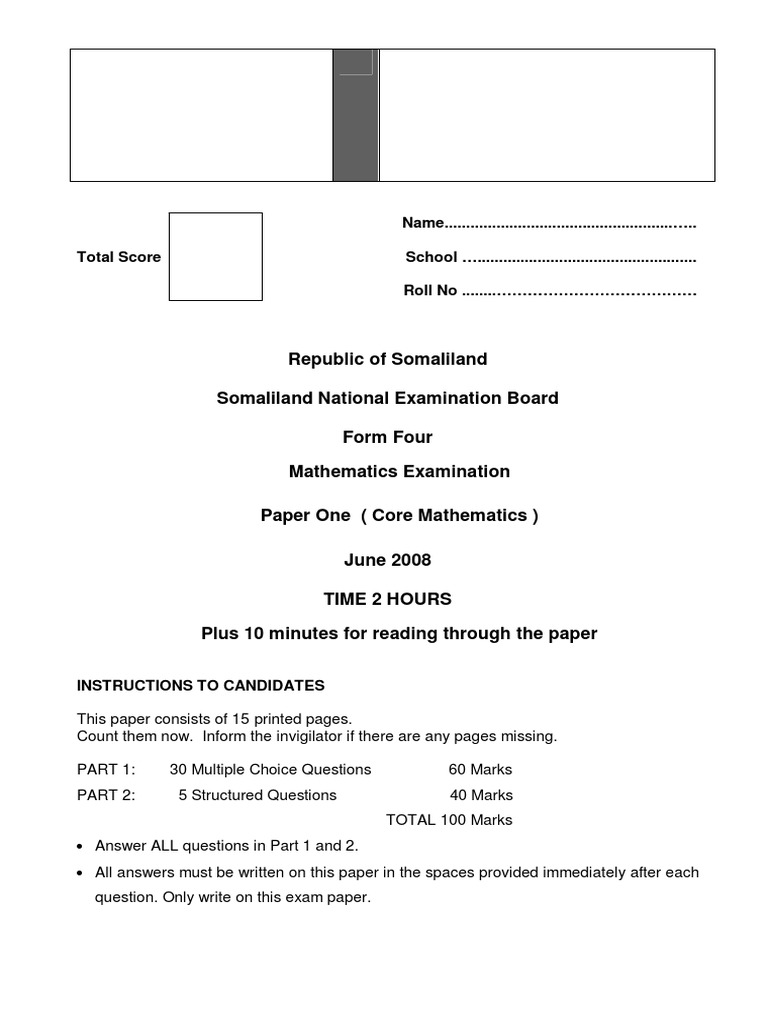 Republic of Somaliland. Somaliland National Examination Board. Form ...