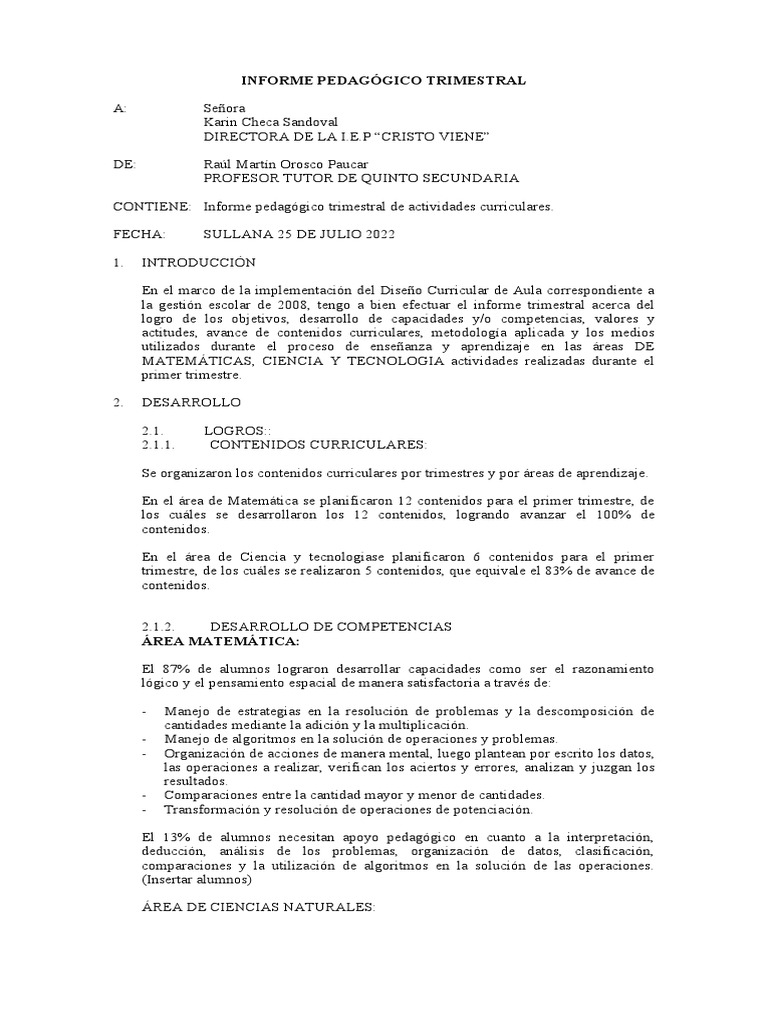 Informe Pedagogico Trimestral 2022 | PDF | Plan de estudios | Science