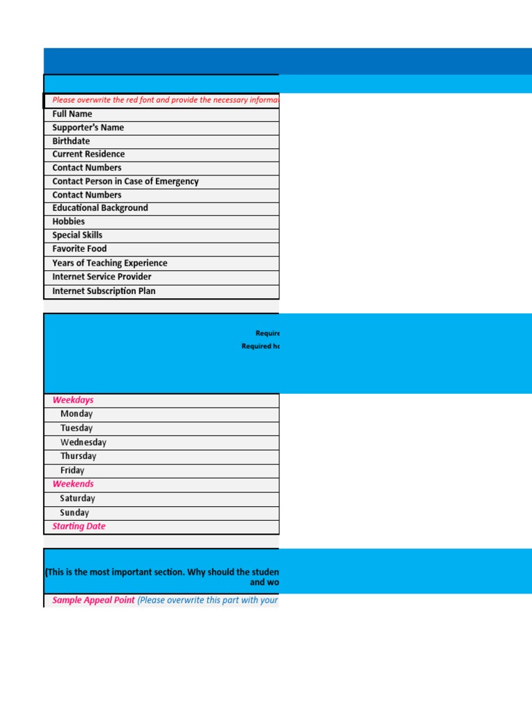 Supporter's Profile Sheet Please Overwrite The Red Font and Provide