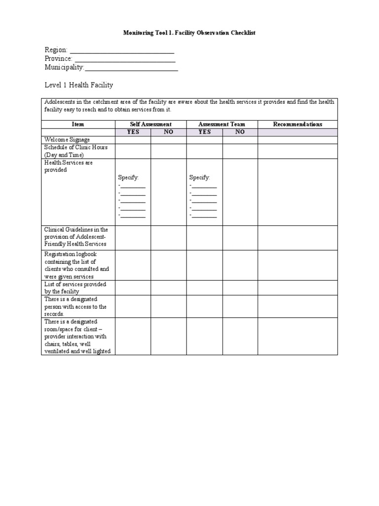 Adolescent-Friendly Health Facility Checklist | PDF | Patient | Health Care