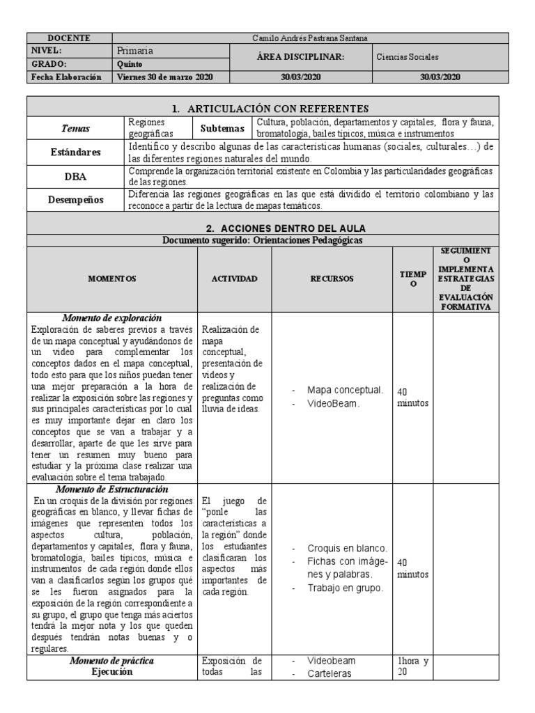 Formato de Plan de Clase Primaria | PDF | Colombia | Aprendizaje