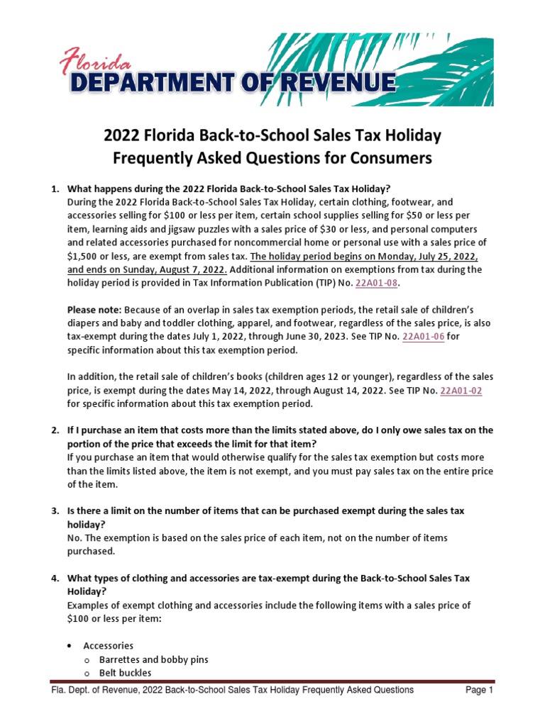 2022 Florida BackToSchool Sales Tax Holiday External FAQs