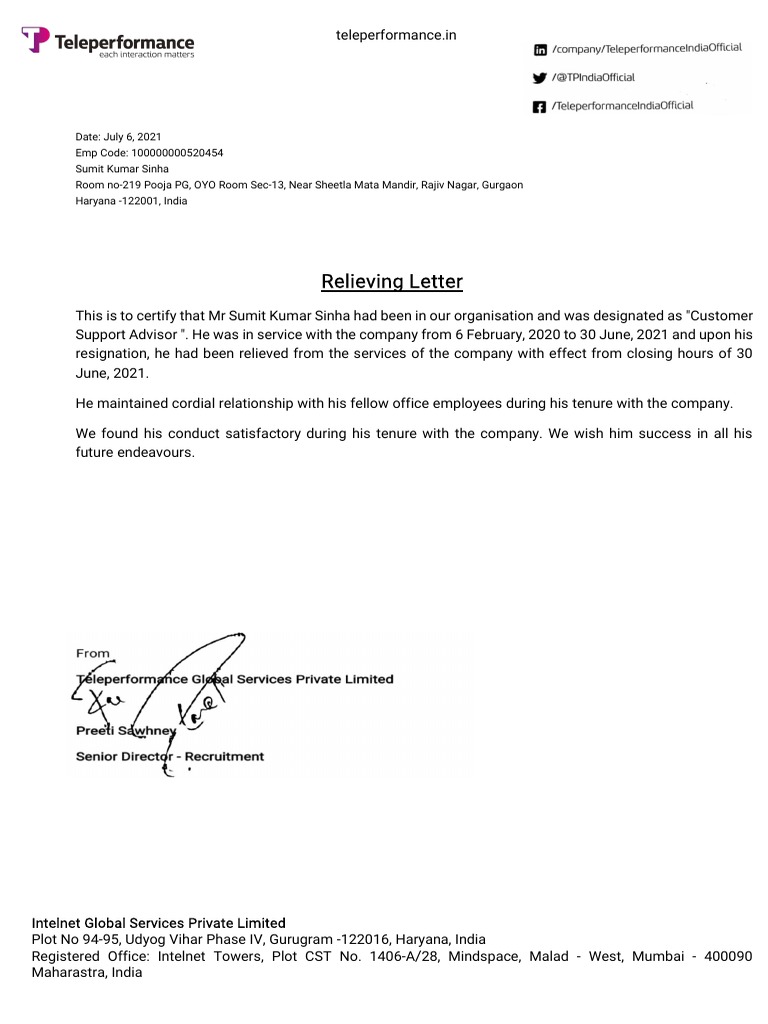 Teleperformance Relieving Letter PDF