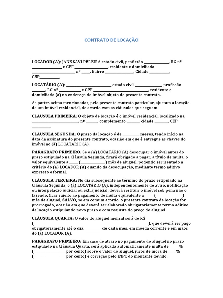 Modelo de Contrato de Aluguel Simples Word Para Preencher Atualizado ...
