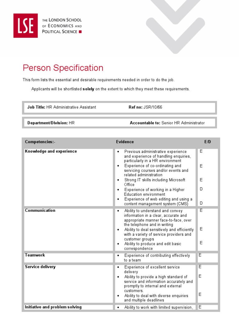 Person Specification: Job Title: HR Administrative Assistant Ref No ...