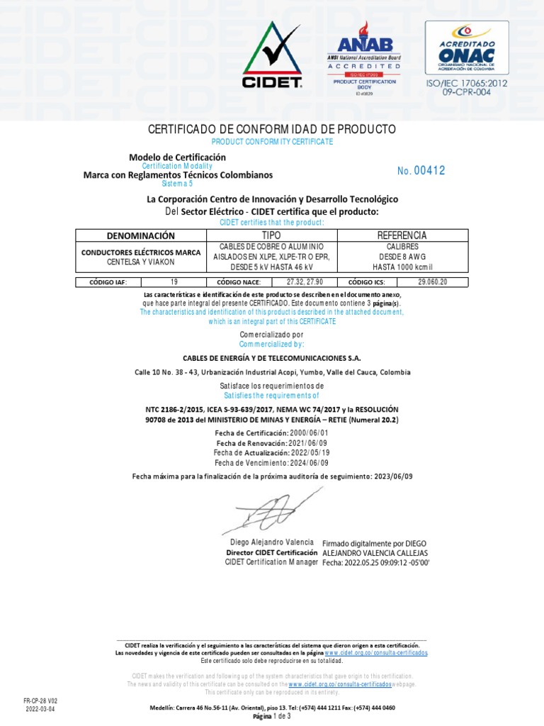 Certificado de Conformidad No. 00412 | PDF