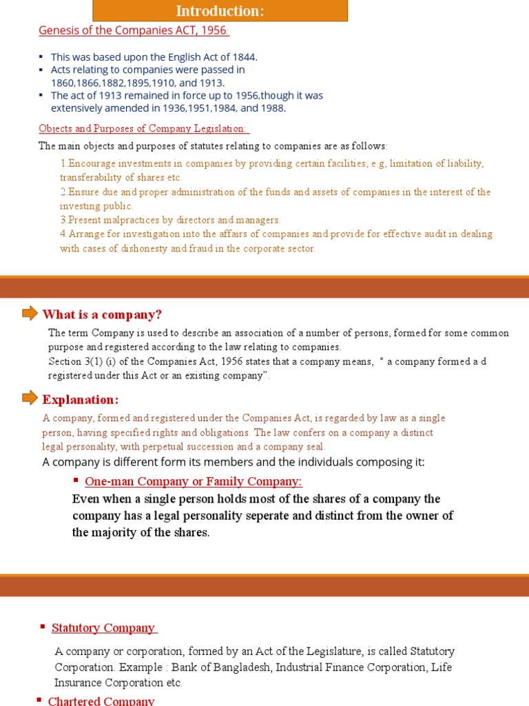 Genesis of The Companies ACT, 1956 The Main Objects and Purposes of
