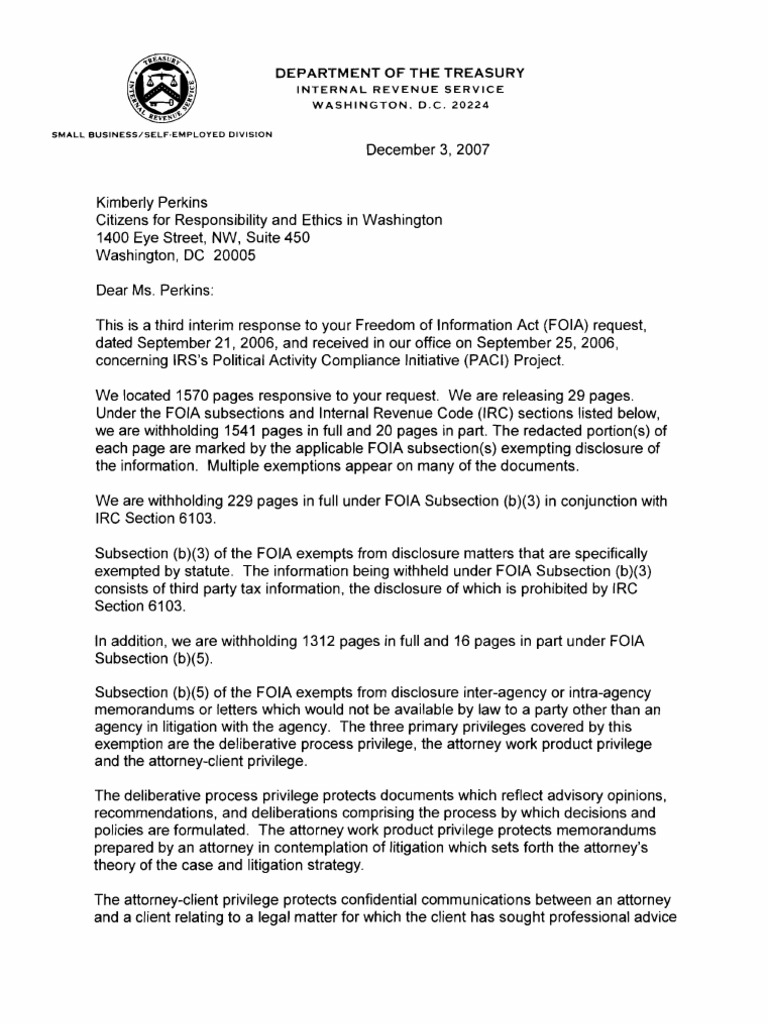 IRS FOIA Response on PACI Project | PDF | Freedom Of Information Act ...