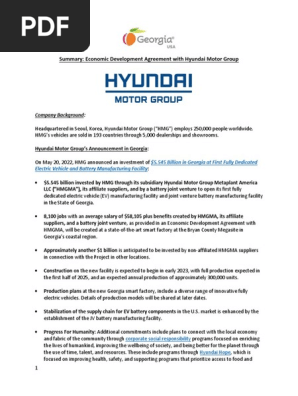 Hyundai Motor Group Economic Development Agreement - Executive Summary