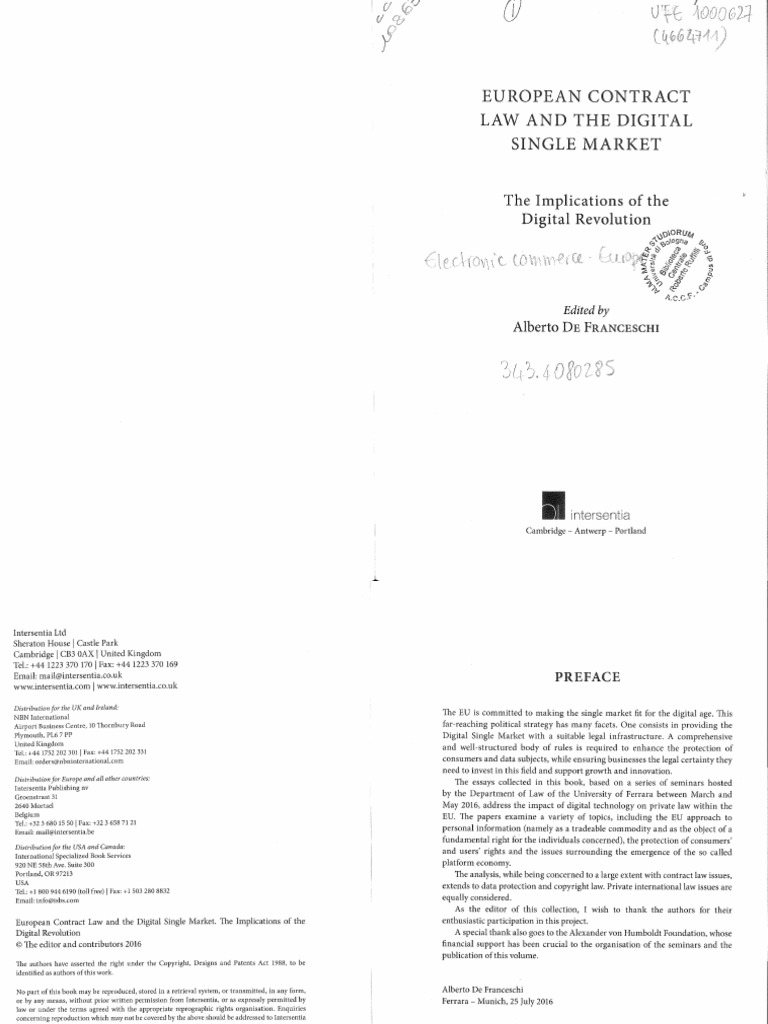Alberto de Fraceschi) European Contract Law and T | PDF | Internet Of  Things | Justice