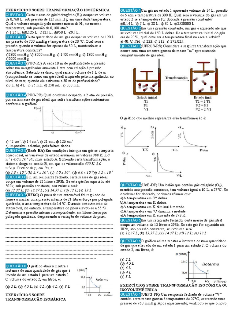 Exercícios Sobre Estudo Dos Gases para o 2º Ano Das | PDF | Gases ...