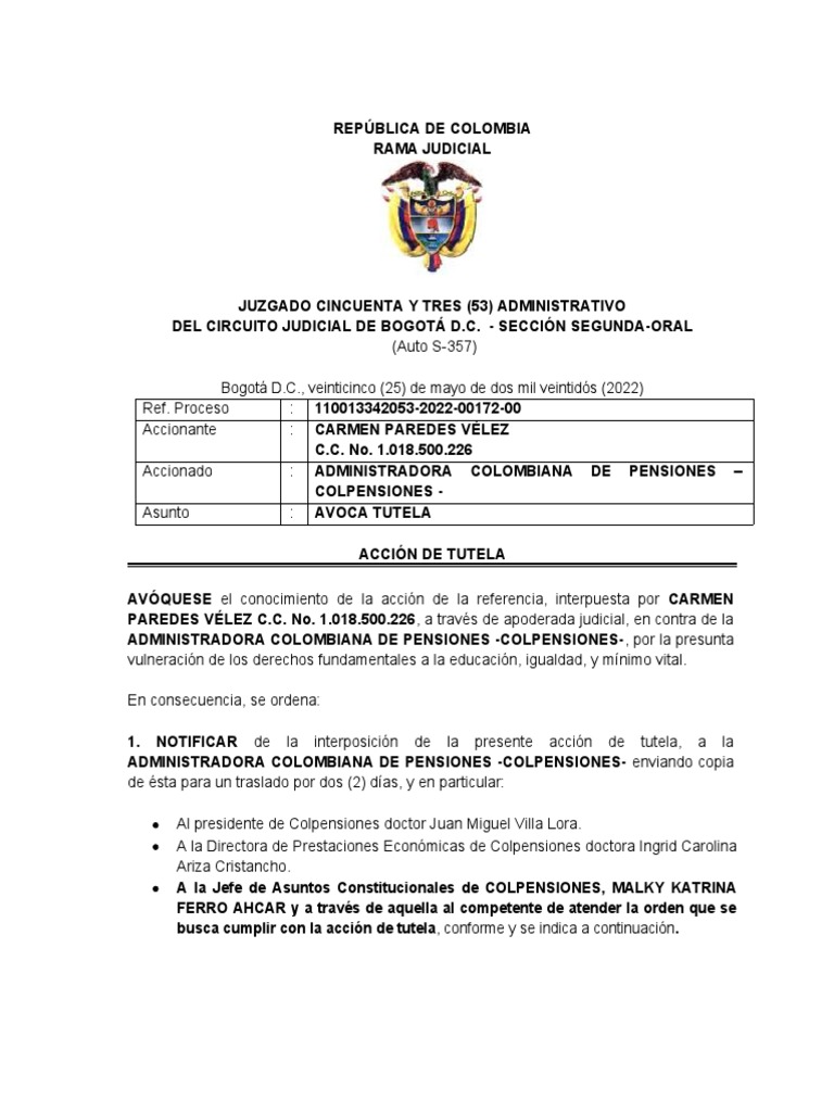 AUTO AVOCA TUTELA Colpensiones Descargar gratis PDF Colombia