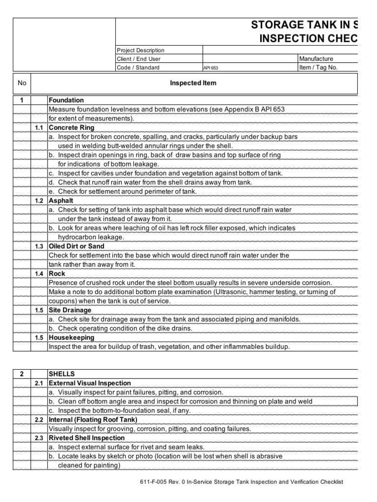In-Service Storage Tank Inspection Checklist | PDF | Leak | Valve