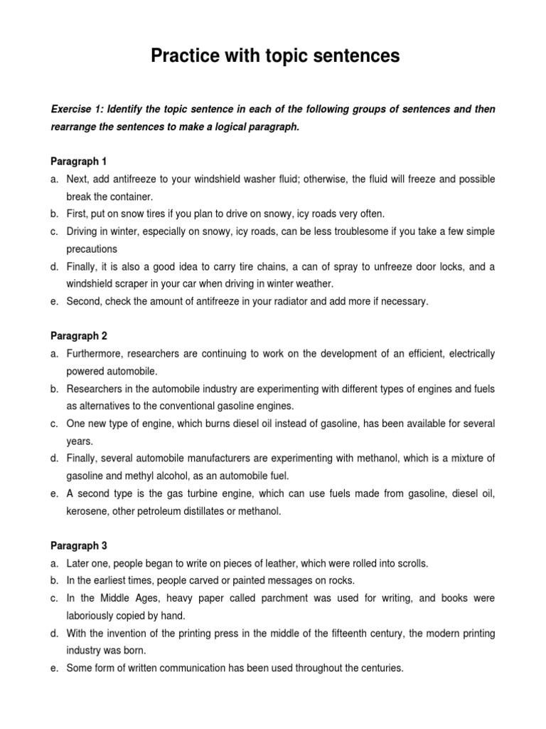 Practice With Topic Sentences 1 PDF Diesel Fuel Gasoline