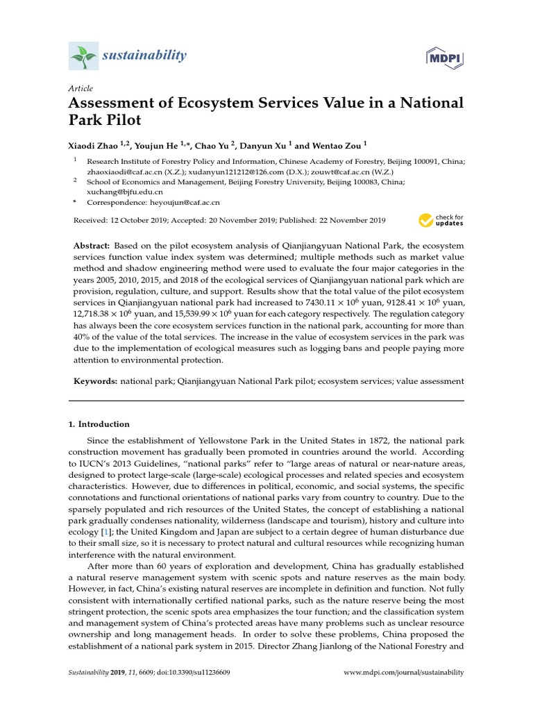 Assessment of Ecosystem Services Value in A National Park Pilot | PDF ...