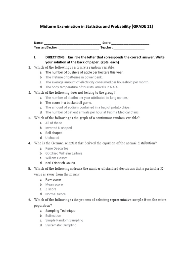 Midterm Examination in Statistics and Probability (GRADE 11) PDF Statistical Hypothesis