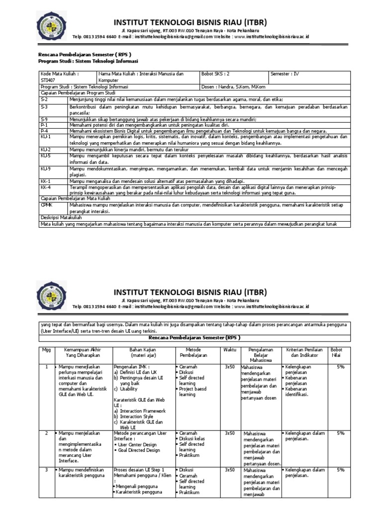 RPS Interaksi Manusia dan Komputer ITBR | PDF